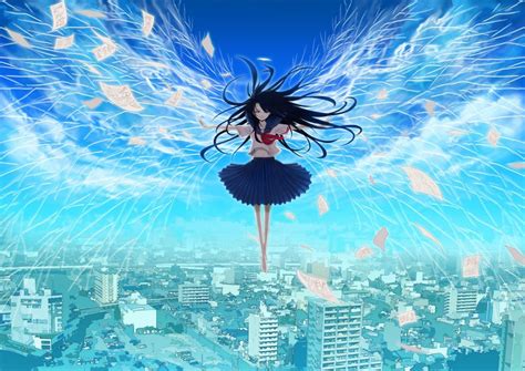 Anime Girl Barefoot Black Hair Flying Long Hair Red Eyes Seifuku Sky