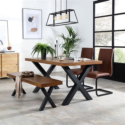 Franklin Industrial Dining Table Bench And 2 Perth Chairs Dark Oak