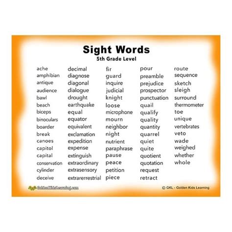 5th Grade Sight Words Printable List Gkl Golden Kids Learning