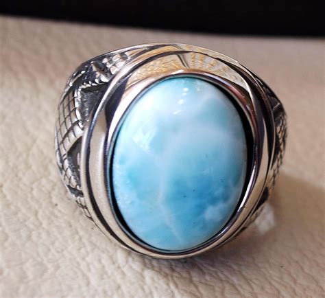 Dominican Larimar Blue Natural Stone Ring Sterling Silver 925 Men Jewe