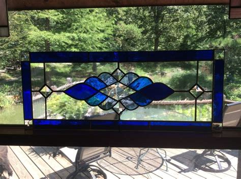 Stained Glass Hanging Panel Transom Window Cobalt Blue Etsy Stained