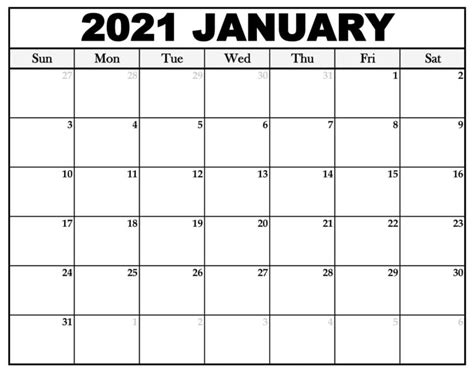 Printable January 2021 Calendar Template Zudocalendrio Calendar
