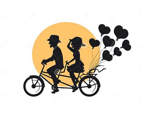 Silhouette Of Romantic Cheerful Couple Riding Tandem Bike With Heart