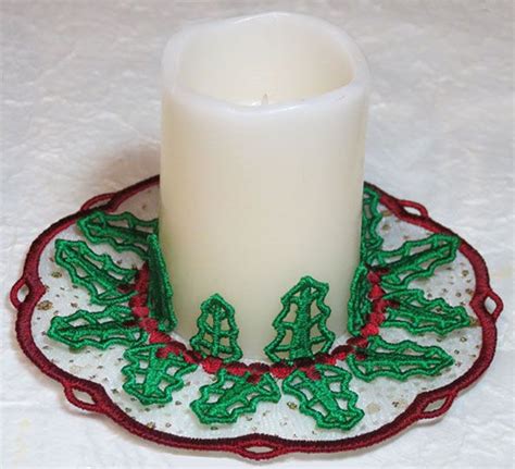 Holly Doily As Candle Holder Holiday Design Machine Embroidery