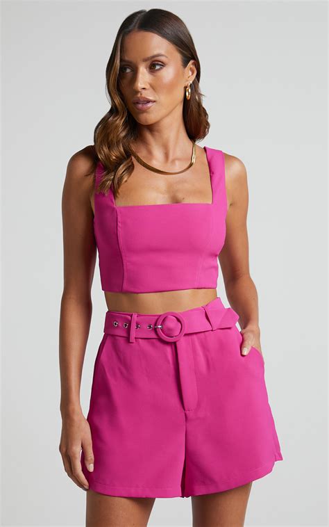 reyna two piece set crop top and tailored belted shorts in hot pink showpo usa