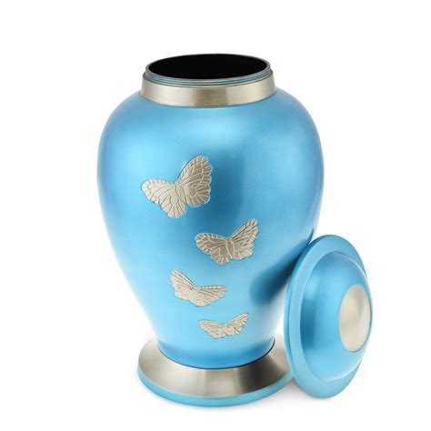 Adult Classic Style Brass Cremation Urn Blue With Flying Butterflies