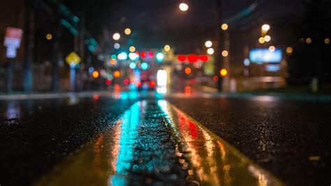 Photography Reflection Street Lights Bokeh Traffic Lights Asphalt