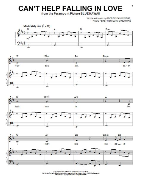 Cant Help Falling In Love Sheet Music By Elvis Presley Piano Vocal And Guitar Right Hand