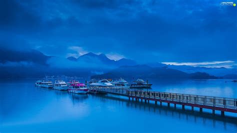 Harbour Boats Fog Platform Mountains For Phone Wallpapers 2048x1152
