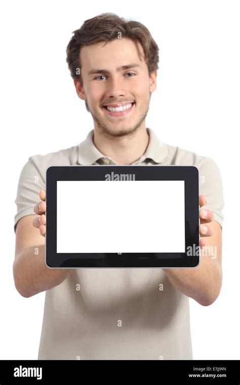 Happy Man Holding And Showing A Blank Horizontal Tablet Screen Isolated