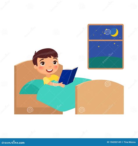 Boy Reads Book On Bed Cartoon Vector 43139133