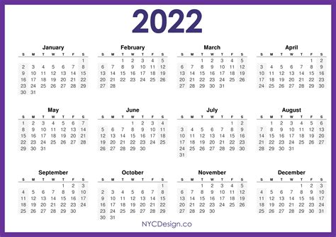 2022 Calendar Printable Free Horizontal Purple Hd Sunday Start