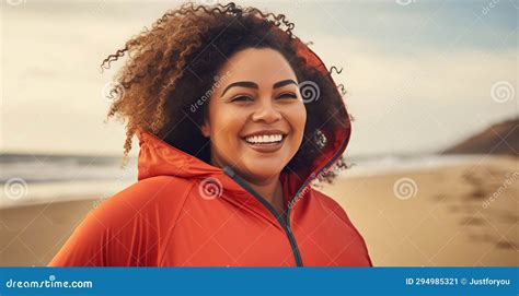 Joyful Plus Size Woman Embracing Fitness At The Beach Generative Ai