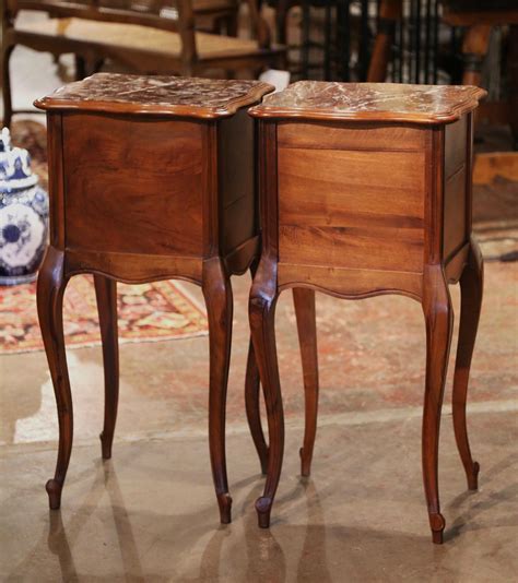 Pair Of 1920s Louis Xv Marble Top Carved Walnut Nightstands Bedside