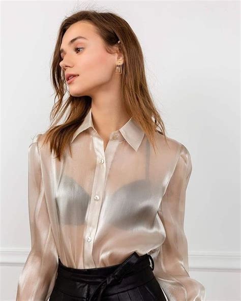 Translucent Silky Blouse Sheer Blouse Outfit Satin Blouses White Satin Blouse