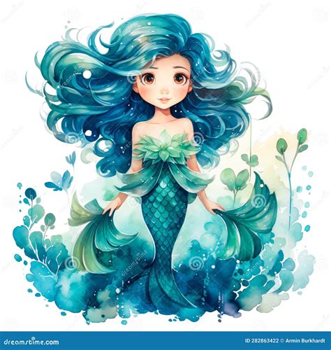 Childlike Mermaid Full Body With Tail Fin Stock Illustration