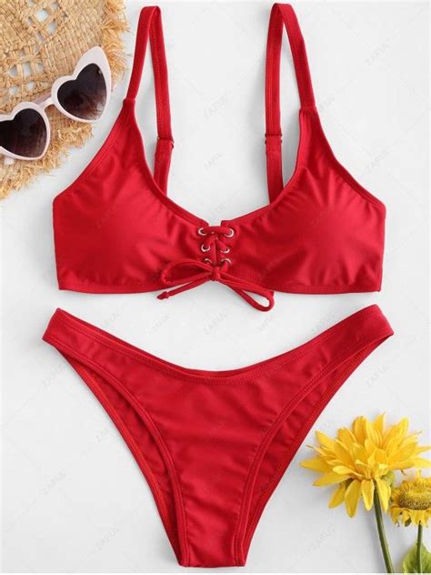 [61 Off] 2021 Zaful Lace Up Bikini Set In Lava Red Zaful