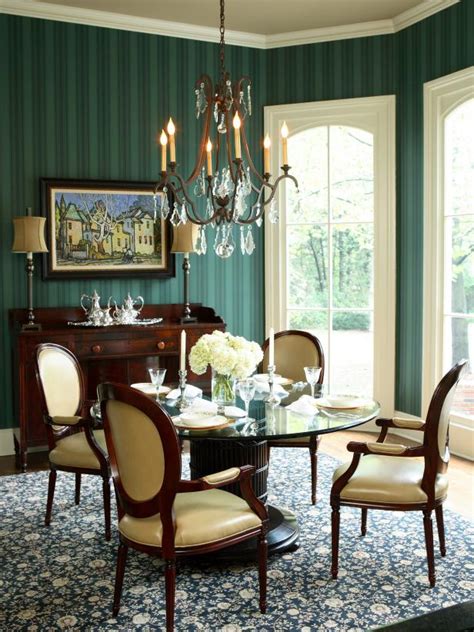 Emerald Green Dining Room With Striped Wallpaper Hgtv