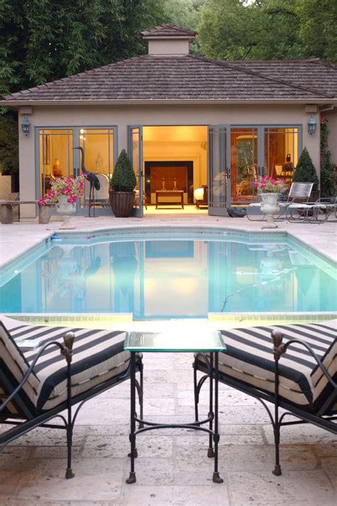 Beautiful Pool House Design Gray Stucco Veneer Large Windows And