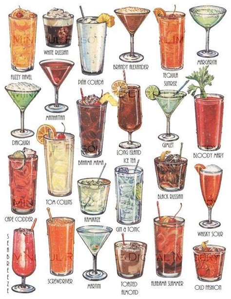 Printable Cocktails Poster Cocktail Print Classic Cocktail Ts