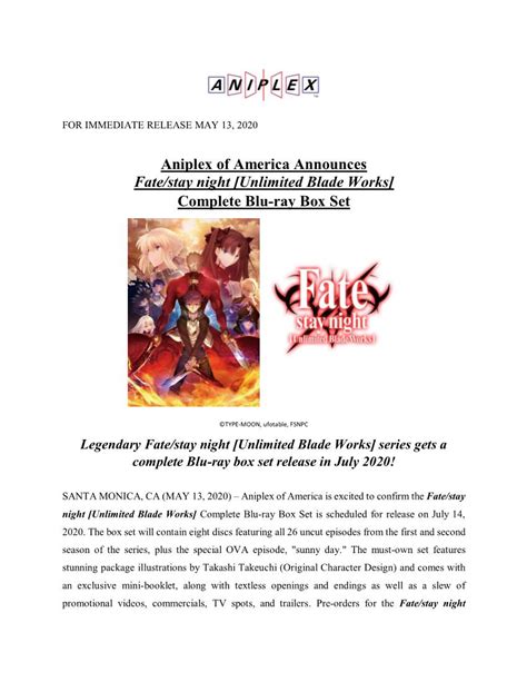 Aniplex Of America Announces Fatestay Night Unlimited Blade Works