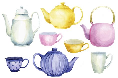 Premium Vector Watercolor Drawing Set Of Teapots And Cups Cute