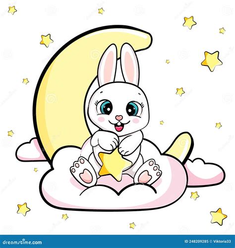 Happy Cartoon Cute Baby Bunny Sitting On A Cloud Under Moon And Stars