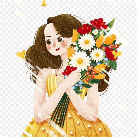 Girl Holding Flowers Png Image Hand Painted Beautiful Girl Holding