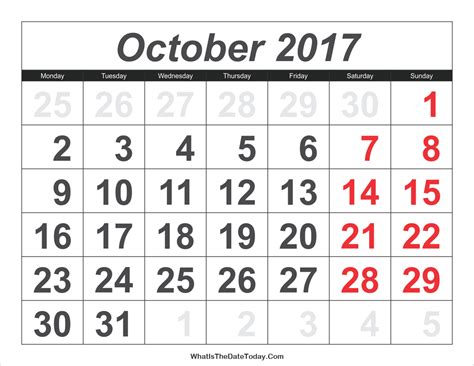 2017 Calendar October With Large Numbers Whatisthedatetoday Com