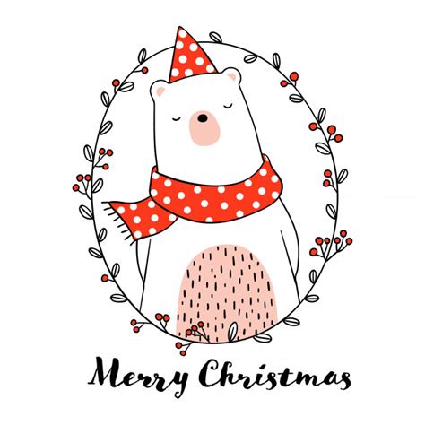 Draw Cute Bear In Wreath For Christmas Day Vector