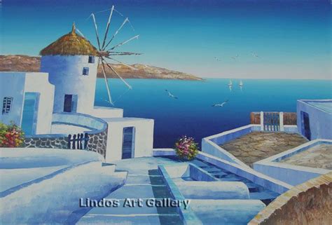 Greek Village And Windmill Oil Painting