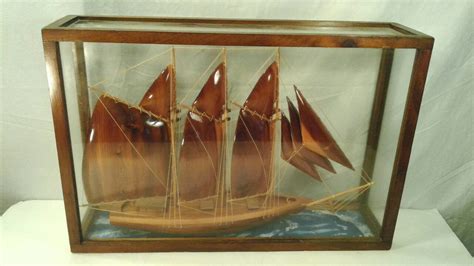 Large Wooden Schooner Ship Model With Rigging Mounted Glass Case