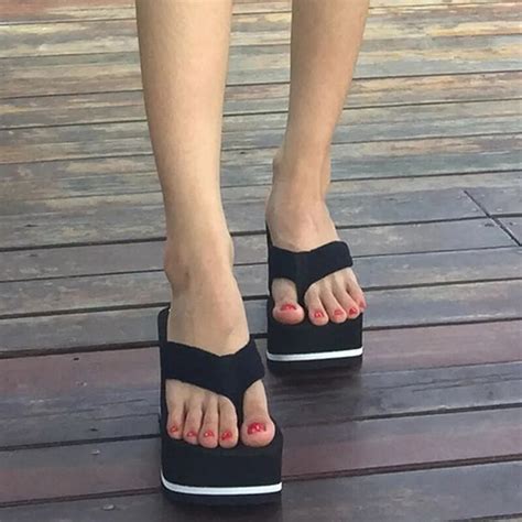 Pop Tide Black Wedge Platform Flip Flops Woman Shoes Nice Summer Women
