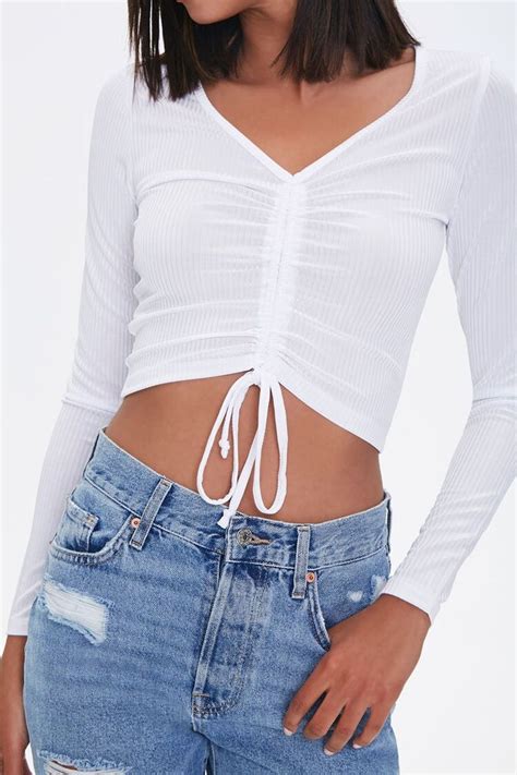Ruched Drawstring Crop Top In White Small In 2021 Crop Tops Forever21 Tops Ruched Outfit
