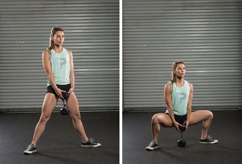 A Woman Doing Squats In Front Of A Garage Door With One Leg Bent Down