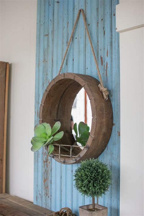 Kalalou Hanging Round Wooden Mirror With Rope Hanger Metal ... Wall round shelves round round wall shelf modern home decoration wall book shelf mount round floating wood wall hanging shelves.