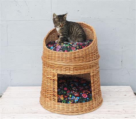 Wicker Cat Bed Two Level Cat House Woven Cat Basket Pet Bed Etsy