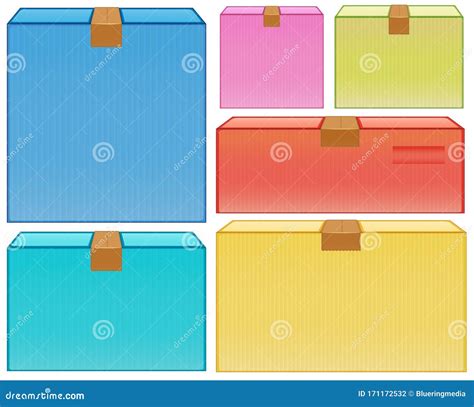 Different Sizes Of Cardboard Boxes In Many Colors Stock Illustration