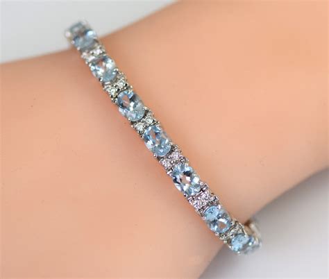 Aquamarine And Diamond Tennis Line Bracelet In 14k White Gold Etsy