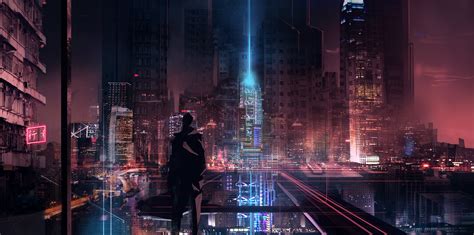 วอลเปเปอร์ Cityscape กลางคืน Cyberpunk การสะท้อน นิยาย ภาพเงา
