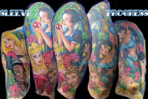 some disney tattoos that are on the arm and leg with princesses all over them