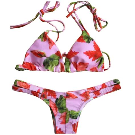 Fs Floral Print Bikini Set Pink 2017 Bikinis With Straps Sexy Low