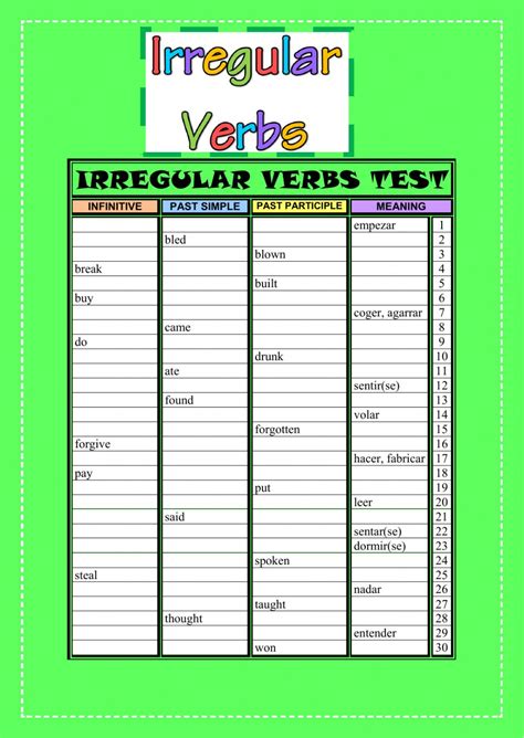 Irregular verbs, on the other hand, don't follow the above pattern. IRREGULAR VERBS: online and pdf worksheet