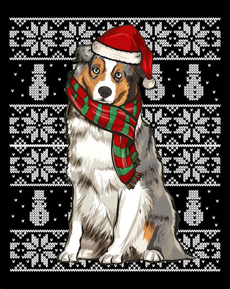 Santa Hat Xmas Australian Shepherd Ugly Christmas Digital Art By