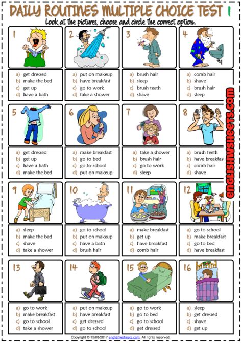 Daily Routines Esl Printable Multiple Choice Tests For Kids Daily