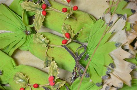 Some Green Leaves And Red Berries Are On The Table