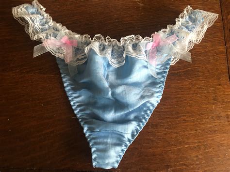 silky satin sissy panties g string thong white lace and blue etsy