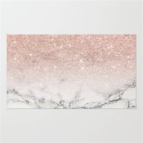 Modern Faux Rose Gold Pink Glitter Ombre White Marble Rug
