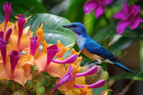 Premium Photo Beautiful Blue Bird Sitting On Blooming Flower In