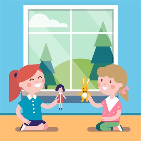 Free Vector Two Friends Playing With Toy Dolls Together